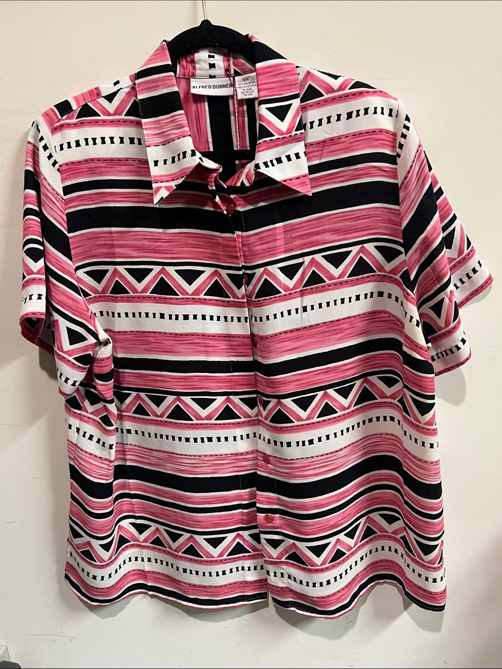 Alfred Dunner Pink Black White Geometric Stripe Button-Down Top